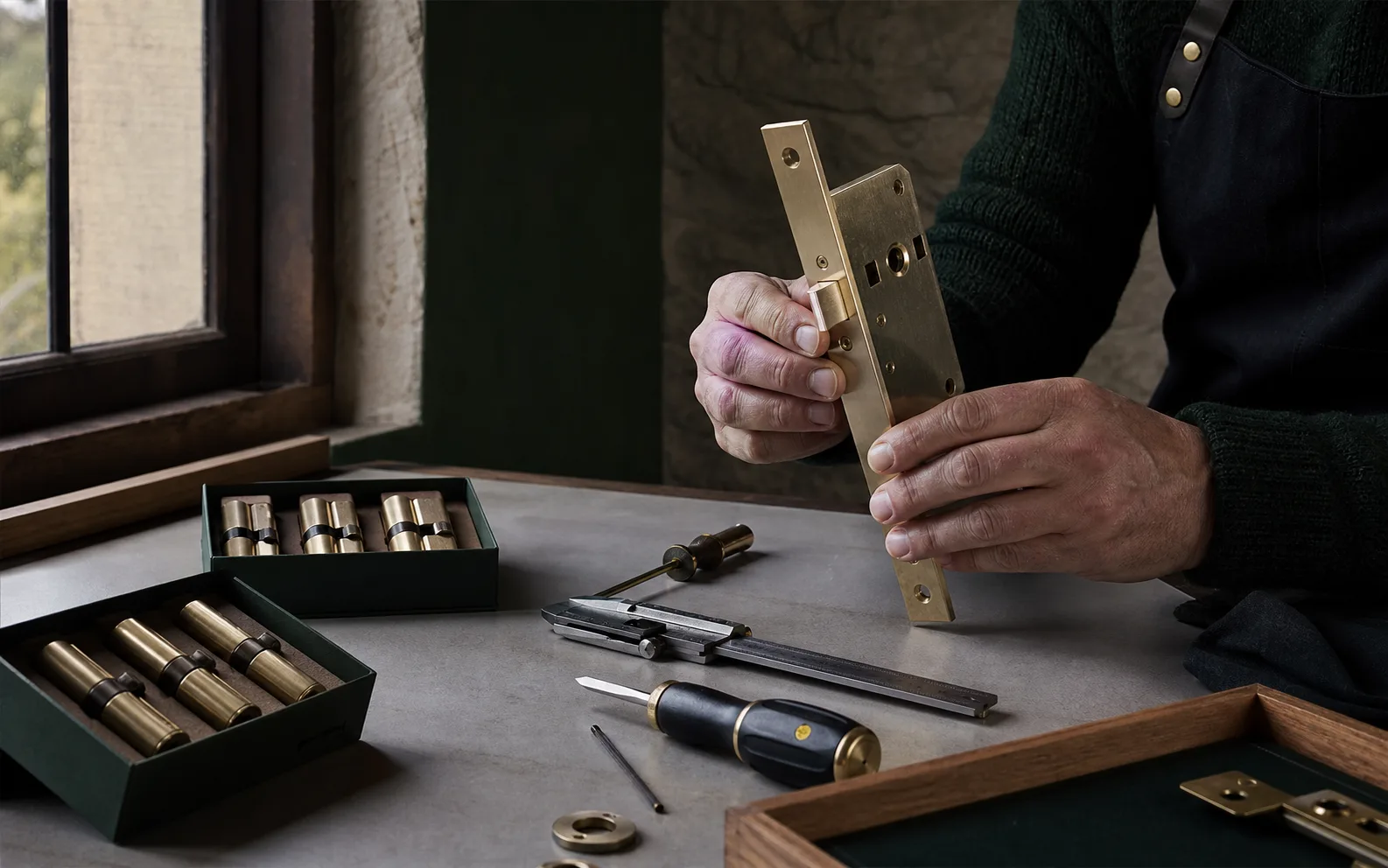 Artisan assemblant une serrure neuve avec des outils de précision
