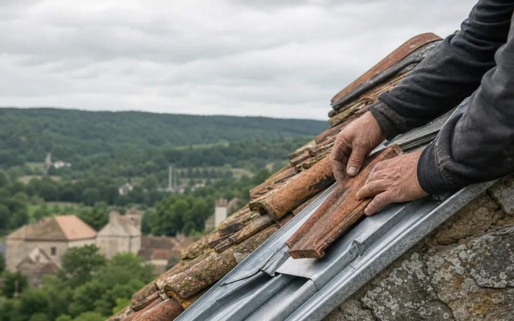 Inspection de tuiles et de zinguerie sur un toit
